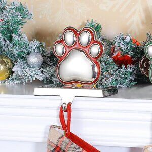 The Christmas Shoppe Glitter Paw Print Metal Stocking Holder - Silver/Red